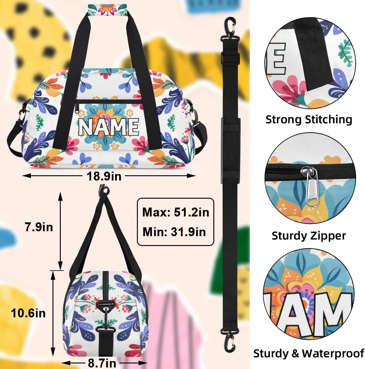 Personalized Custom Gym Bag for Women Men Carry on Colorful Floral Travel Duffel Tote Summer Flowers Overnight Workout Weekender Bag