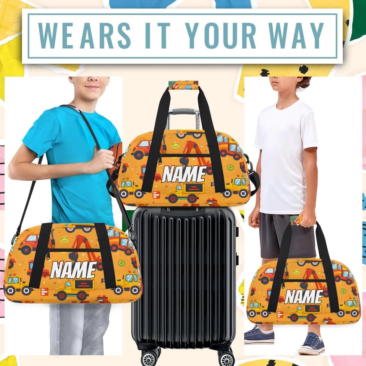 Personalized Custom Gym Bag for Women Men Carry on Excavator Trucks Travel Duffel Tote Bulldozer Machinery Overnight Workout Weekender Bag