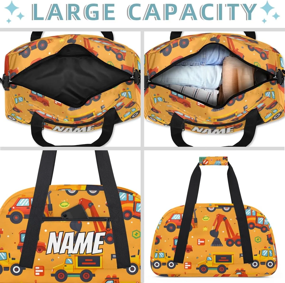 Personalized Custom Gym Bag for Women Men Carry on Excavator Trucks Travel Duffel Tote Bulldozer Machinery Overnight Workout Weekender Bag