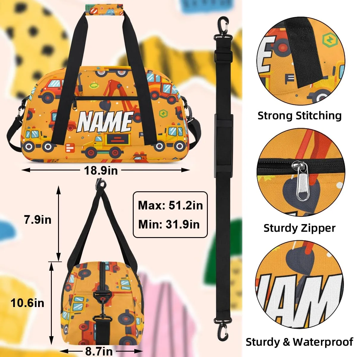 Personalized Custom Gym Bag for Women Men Carry on Excavator Trucks Travel Duffel Tote Bulldozer Machinery Overnight Workout Weekender Bag