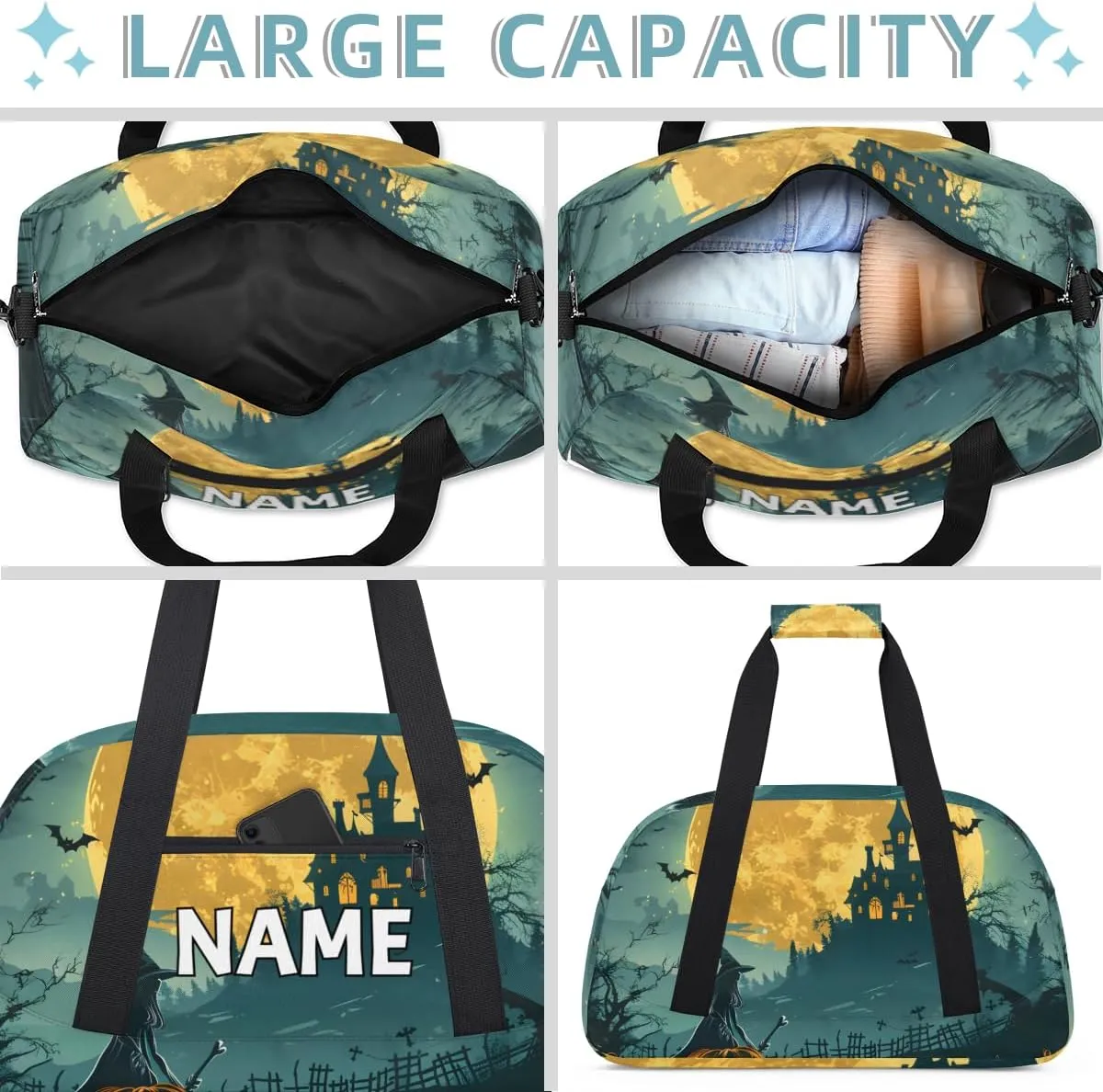Personalized Custom Gym Bag for Women Men Carry on Funny Halloween Travel Duffel Tote Moon Castle Overnight Workout Weekender Bag