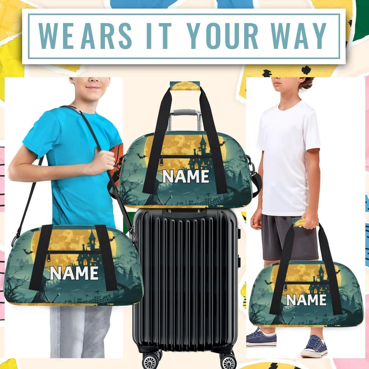 Personalized Custom Gym Bag for Women Men Carry on Funny Halloween Travel Duffel Tote Moon Castle Overnight Workout Weekender Bag