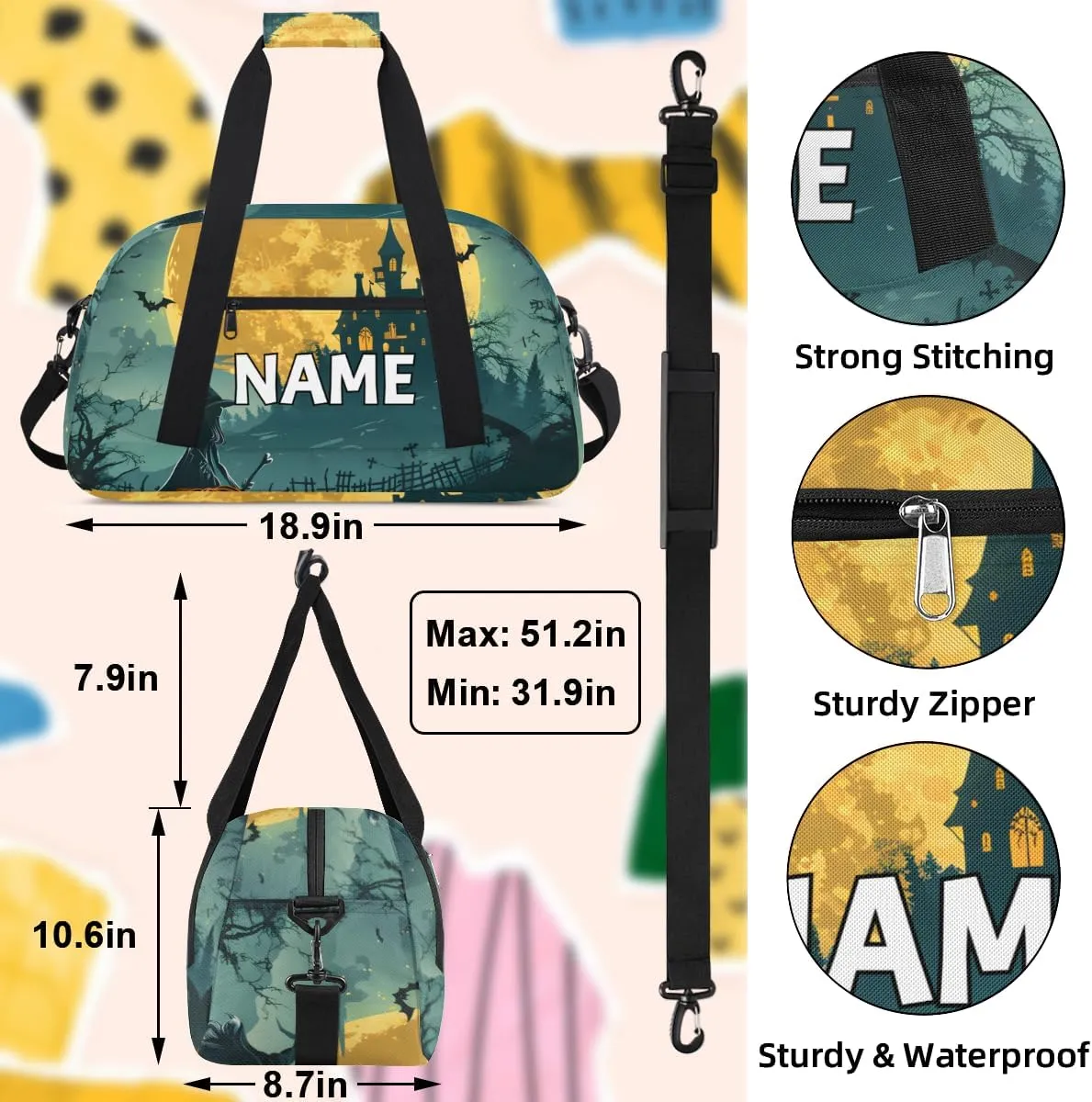 Personalized Custom Gym Bag for Women Men Carry on Funny Halloween Travel Duffel Tote Moon Castle Overnight Workout Weekender Bag