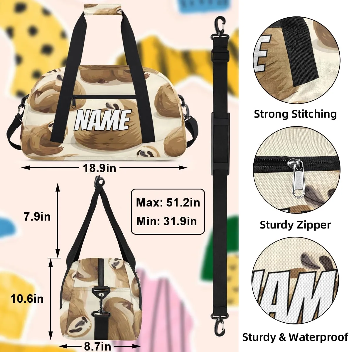 Personalized Custom Gym Bag for Women Men Carry on Funny Sloth Travel Duffel Tote Lovely Animal Overnight Workout Weekender Bag