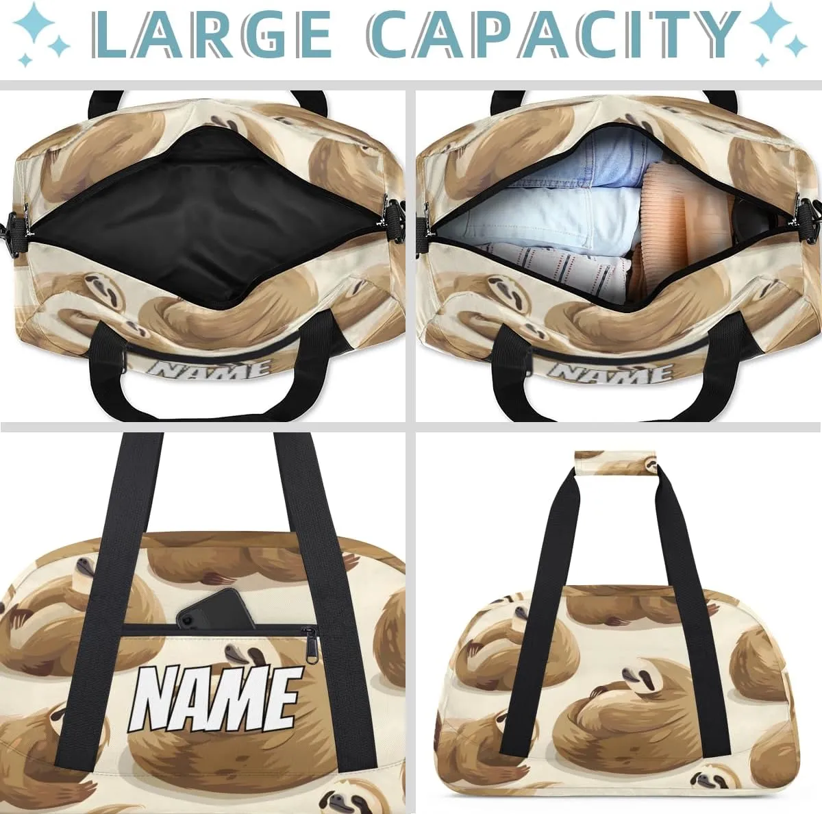 Personalized Custom Gym Bag for Women Men Carry on Funny Sloth Travel Duffel Tote Lovely Animal Overnight Workout Weekender Bag
