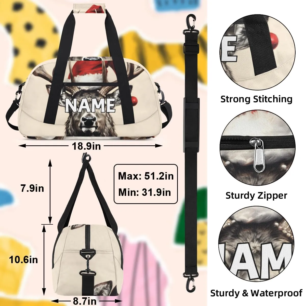 Personalized Custom Gym Bag for Women Men Carry on Retro Elk Travel Duffel Tote Christmas Day Overnight Workout Weekender Bag