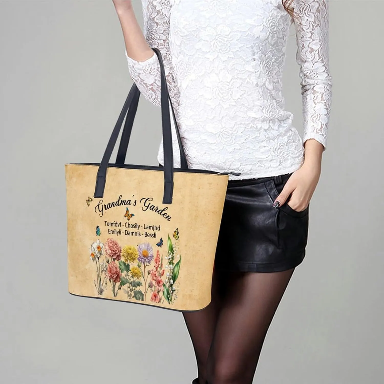Personalized Custom Leather Tote Bag Handbags with Birth Month Flowers Name,Mothers Day Gift for Mom Grandma
