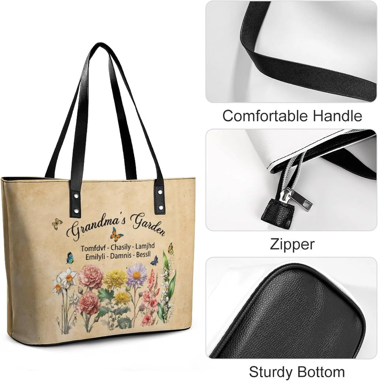 Personalized Custom Leather Tote Bag Handbags with Birth Month Flowers Name,Mothers Day Gift for Mom Grandma