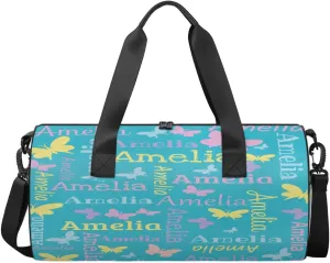 Personalized Dance Bag Duffle Bag for Girl, Custom Gym Bag Gymnastics Sport Travel Bag Weekender Bags with Adjustable Butterfly Light Blue