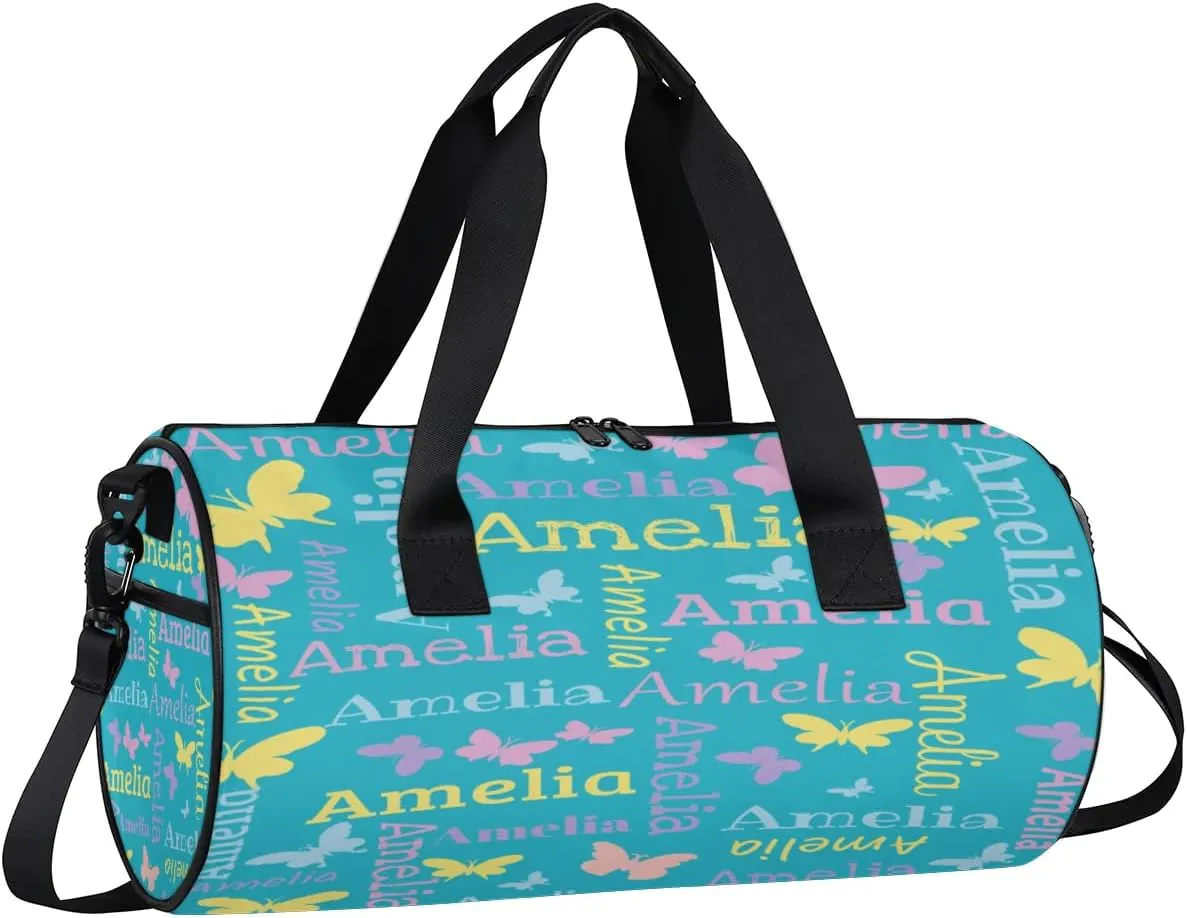 Personalized Dance Bag Duffle Bag for Girl, Custom Gym Bag Gymnastics Sport Travel Bag Weekender Bags with Adjustable Butterfly Light Blue