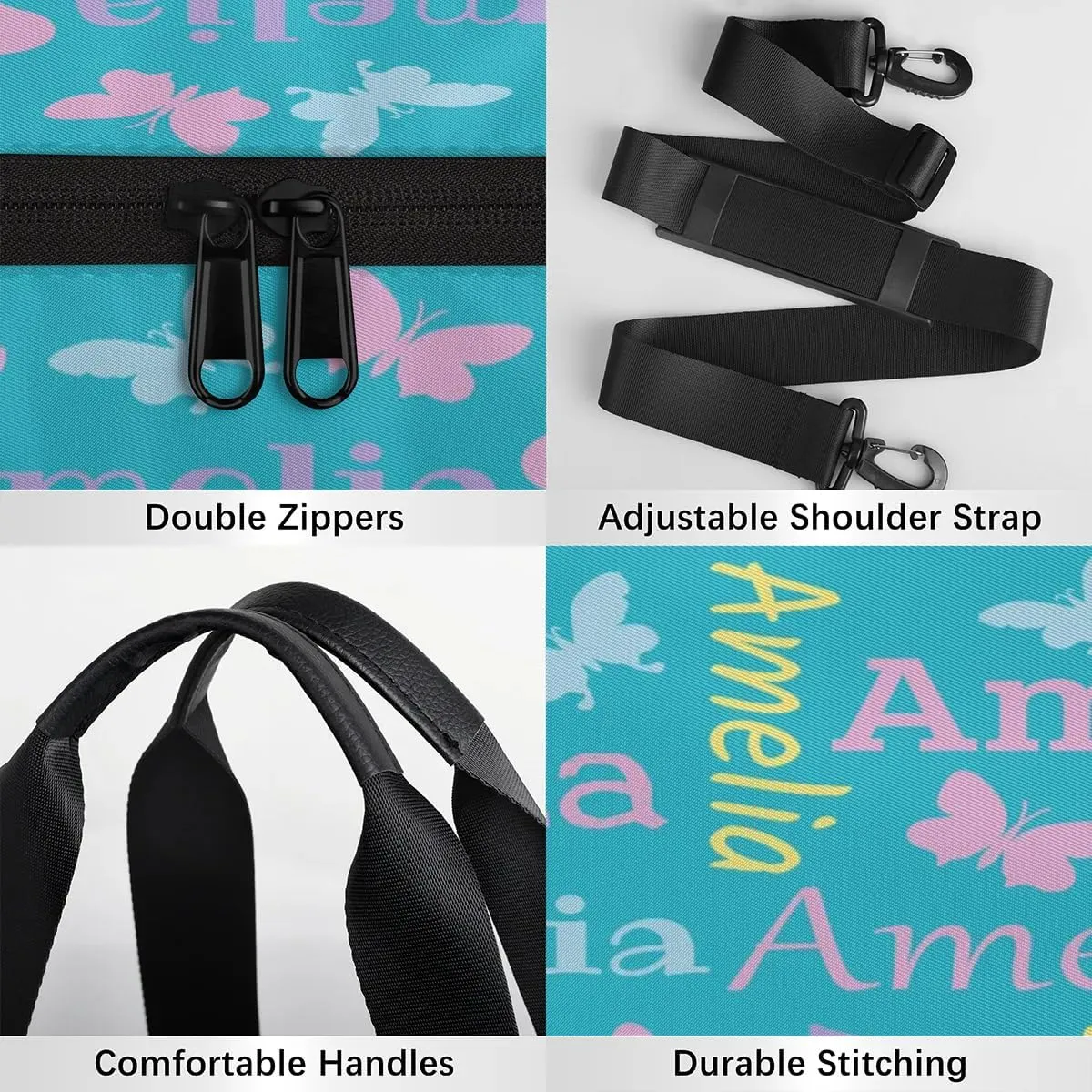 Personalized Dance Bag Duffle Bag for Girl, Custom Gym Bag Gymnastics Sport Travel Bag Weekender Bags with Adjustable Butterfly Light Blue