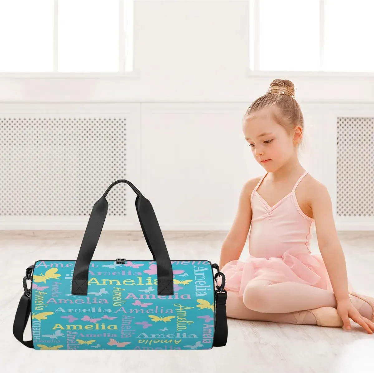 Personalized Dance Bag Duffle Bag for Girl, Custom Gym Bag Gymnastics Sport Travel Bag Weekender Bags with Adjustable Butterfly Light Blue