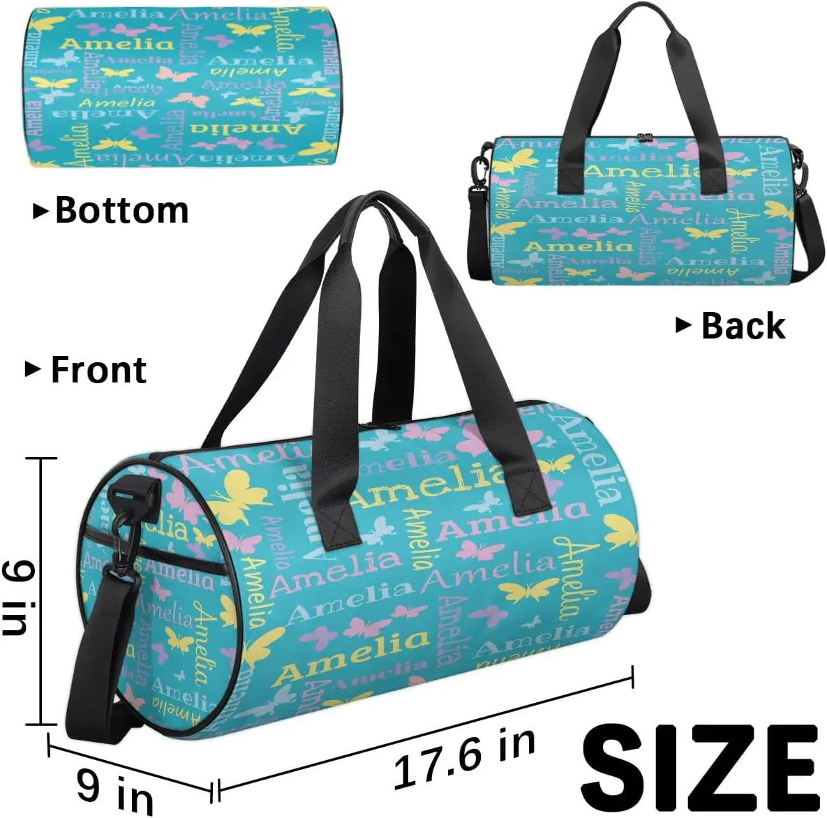 Personalized Dance Bag Duffle Bag for Girl, Custom Gym Bag Gymnastics Sport Travel Bag Weekender Bags with Adjustable Butterfly Light Blue