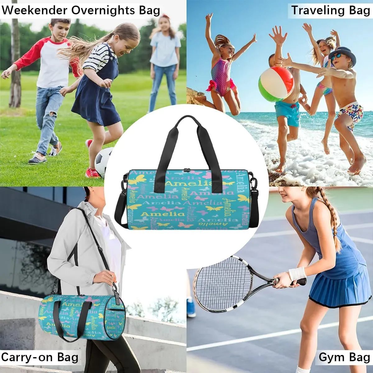 Personalized Dance Bag Duffle Bag for Girl, Custom Gym Bag Gymnastics Sport Travel Bag Weekender Bags with Adjustable Butterfly Light Blue