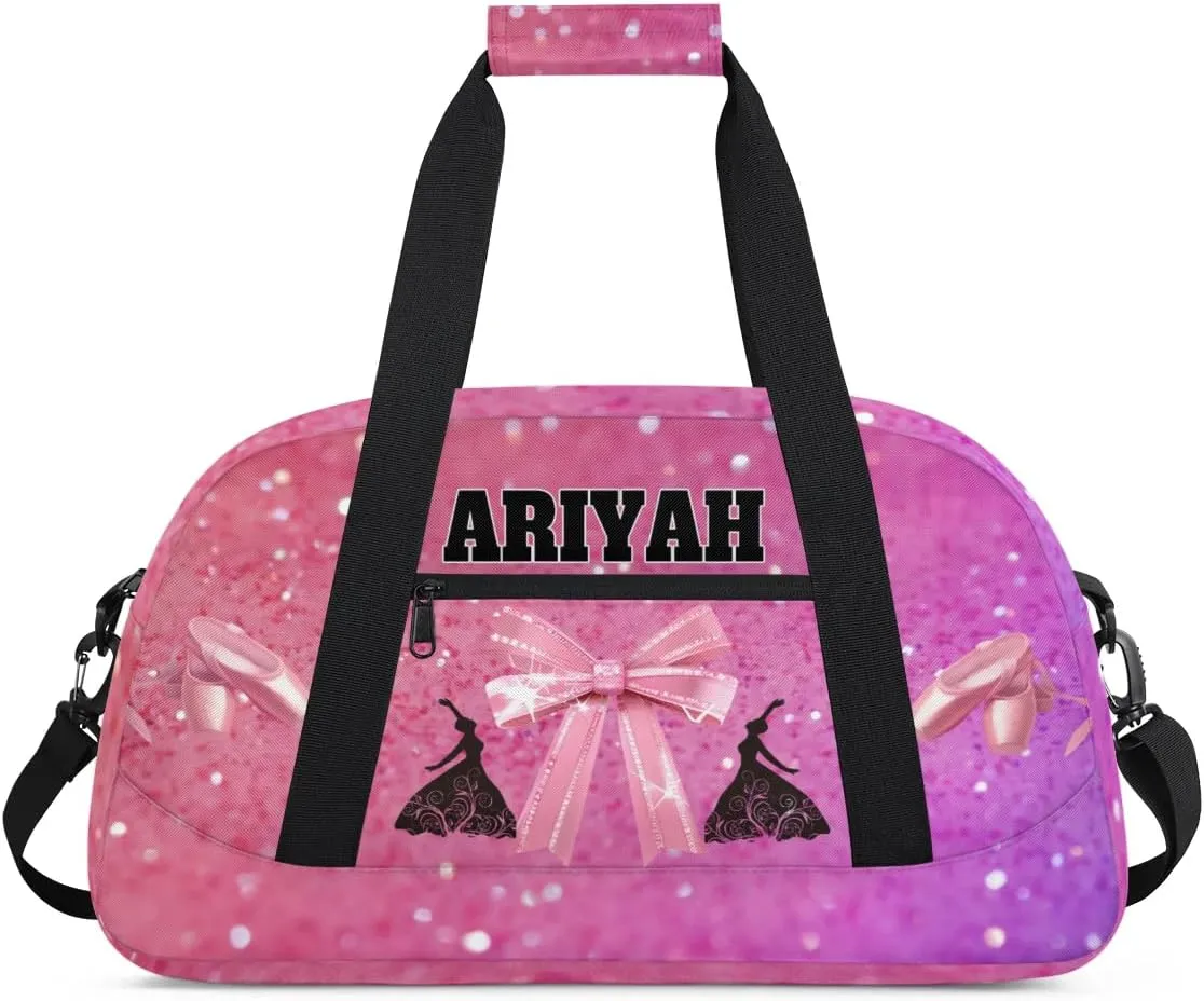 Personalized Dance Bag for Girls, Custom Dance Bag wiht Name Overnight Large Duffel Bag for Train Gymnastics Ballet Sports Bag, Pink Glitter with Bow Tie