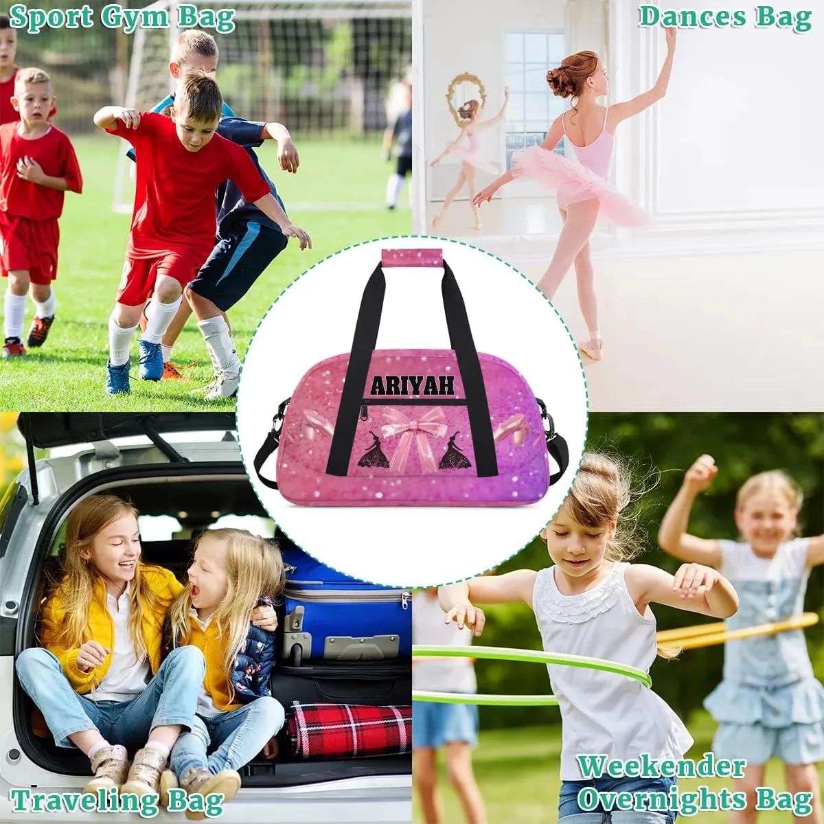 Personalized Dance Bag for Girls, Custom Dance Bag wiht Name Overnight Large Duffel Bag for Train Gymnastics Ballet Sports Bag, Pink Glitter with Bow Tie