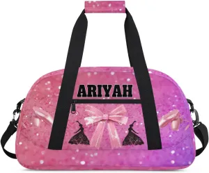 Personalized Dance Bag for Girls, Custom Dance Bag wiht Name Overnight Large Duffel Bag for Train Gymnastics Ballet Sports Bag, Pink Glitter with Bow Tie