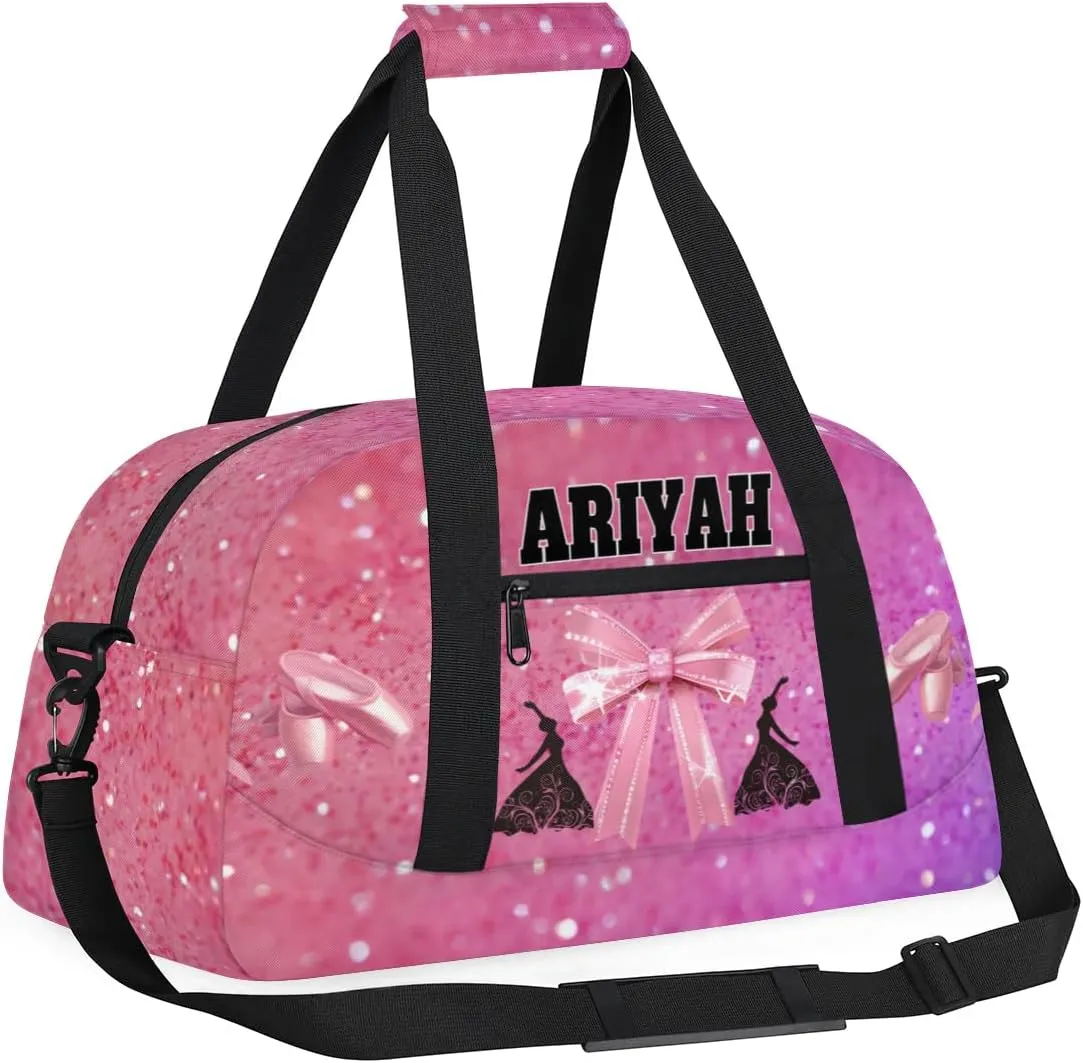 Personalized Dance Bag for Girls, Custom Dance Bag wiht Name Overnight Large Duffel Bag for Train Gymnastics Ballet Sports Bag, Pink Glitter with Bow Tie