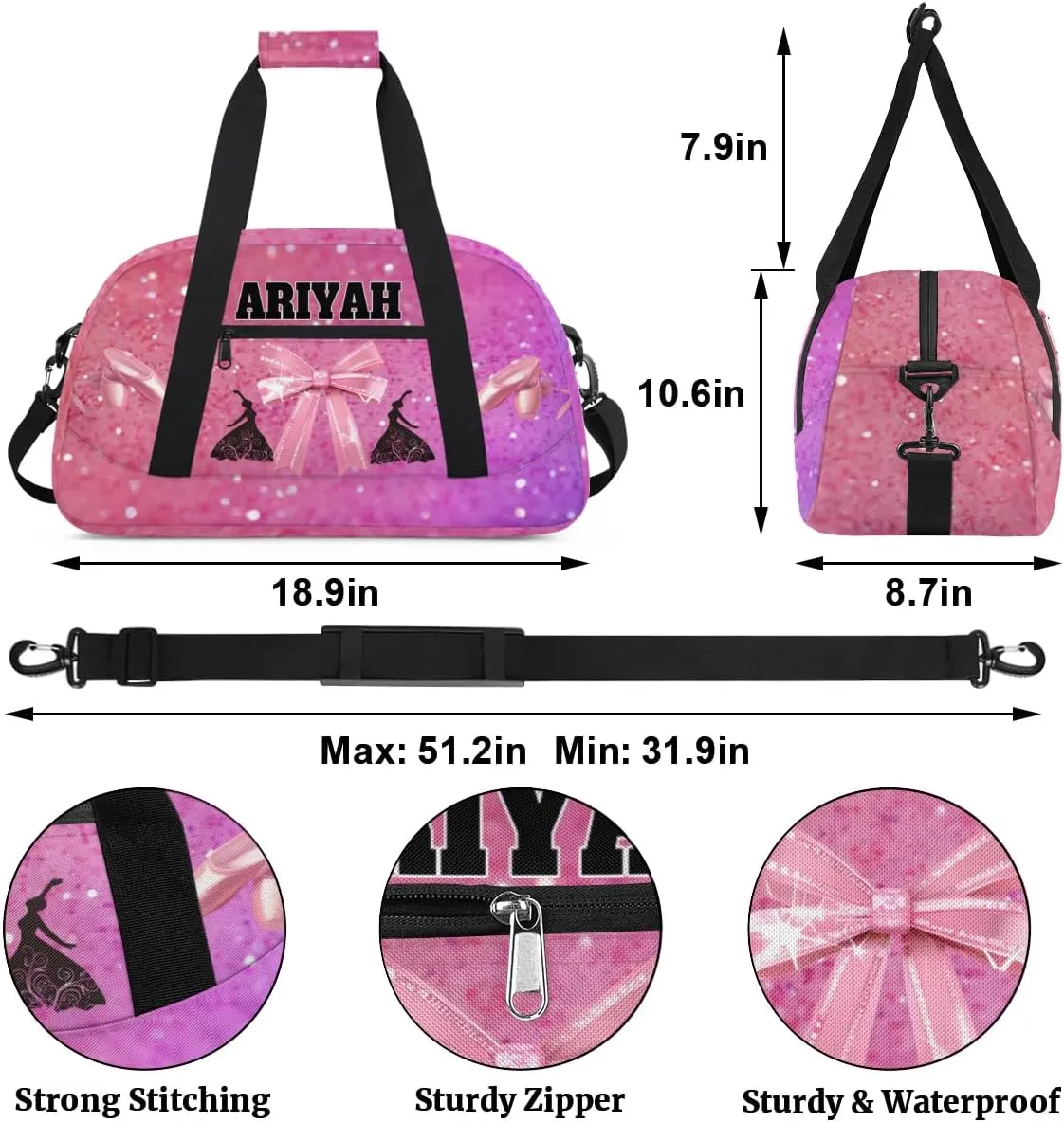 Personalized Dance Bag for Girls, Custom Dance Bag wiht Name Overnight Large Duffel Bag for Train Gymnastics Ballet Sports Bag, Pink Glitter with Bow Tie