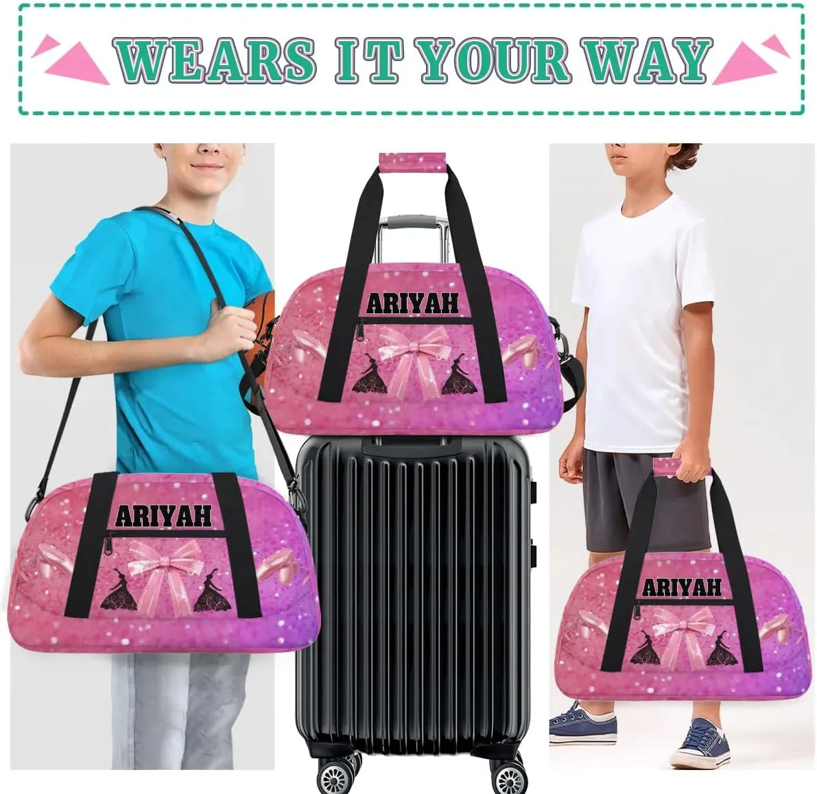 Personalized Dance Bag for Girls, Custom Dance Bag wiht Name Overnight Large Duffel Bag for Train Gymnastics Ballet Sports Bag, Pink Glitter with Bow Tie