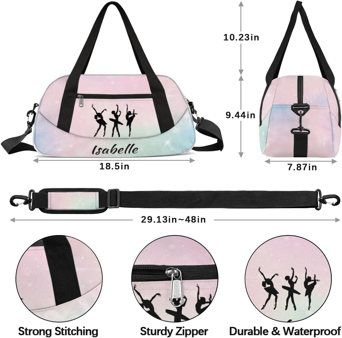 Personalized Dance Duffel Bag for Girls - Customized, Water-Resistant, Multipurpose - Color 29 - 18.5 x 9.44 x 7.87 inches