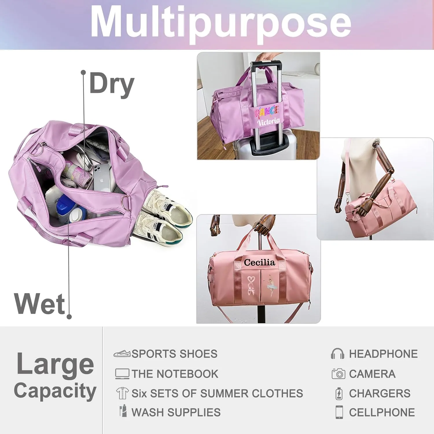 Personalized Duffle Bag Printed with Name Photo, Custom Duffle Gym Bags with Wet Dry Pockets & Shoe for Dance Sport Yoga,Personalized Gym Bag for Women Men,Personalized Travel Bag Grey