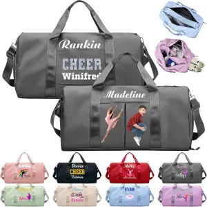 Personalized Duffle Bag Printed with Name Photo, Custom Duffle Gym Bags with Wet Dry Pockets & Shoe for Dance Sport Yoga,Personalized Gym Bag for Women Men,Personalized Travel Bag Grey