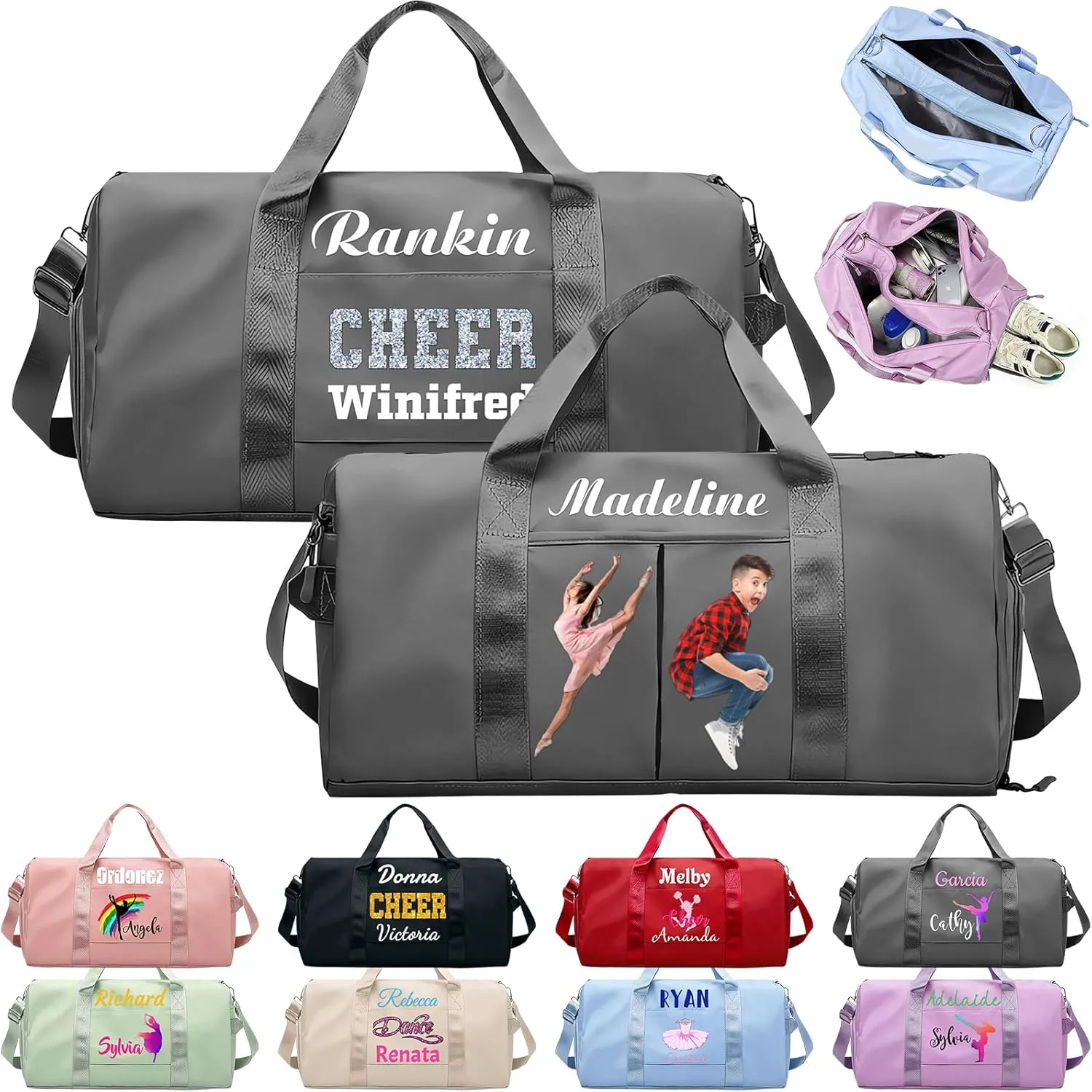 Personalized Duffle Bag Printed with Name Photo, Custom Duffle Gym Bags with Wet Dry Pockets & Shoe for Dance Sport Yoga,Personalized Gym Bag for Women Men,Personalized Travel Bag Grey
