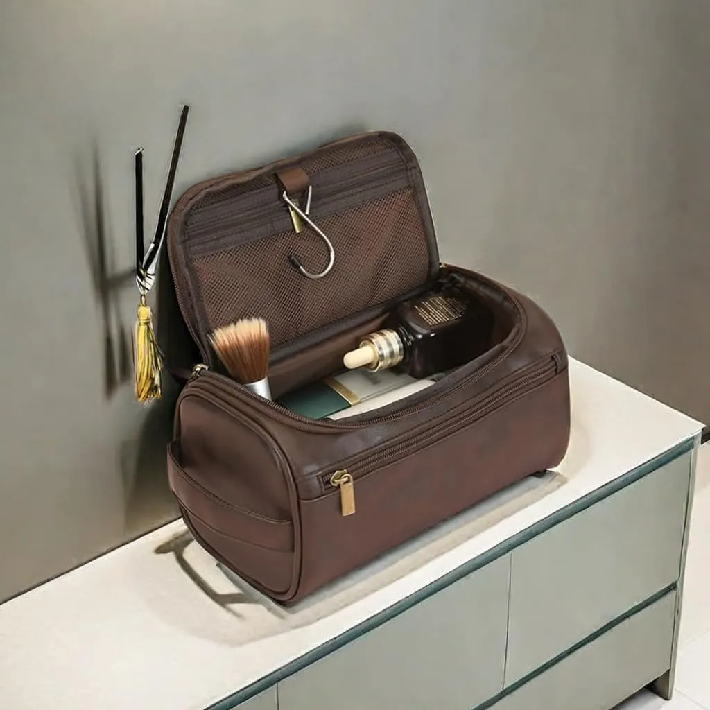 Personalized Embroidery PU Leather Travel Toiletry Bag for Men,Stylish Travel Organizer for Travel, Wedding Gift,Customized Monogram Travel Shaving Dopp Kit for Groomsmen (Dark Brown)