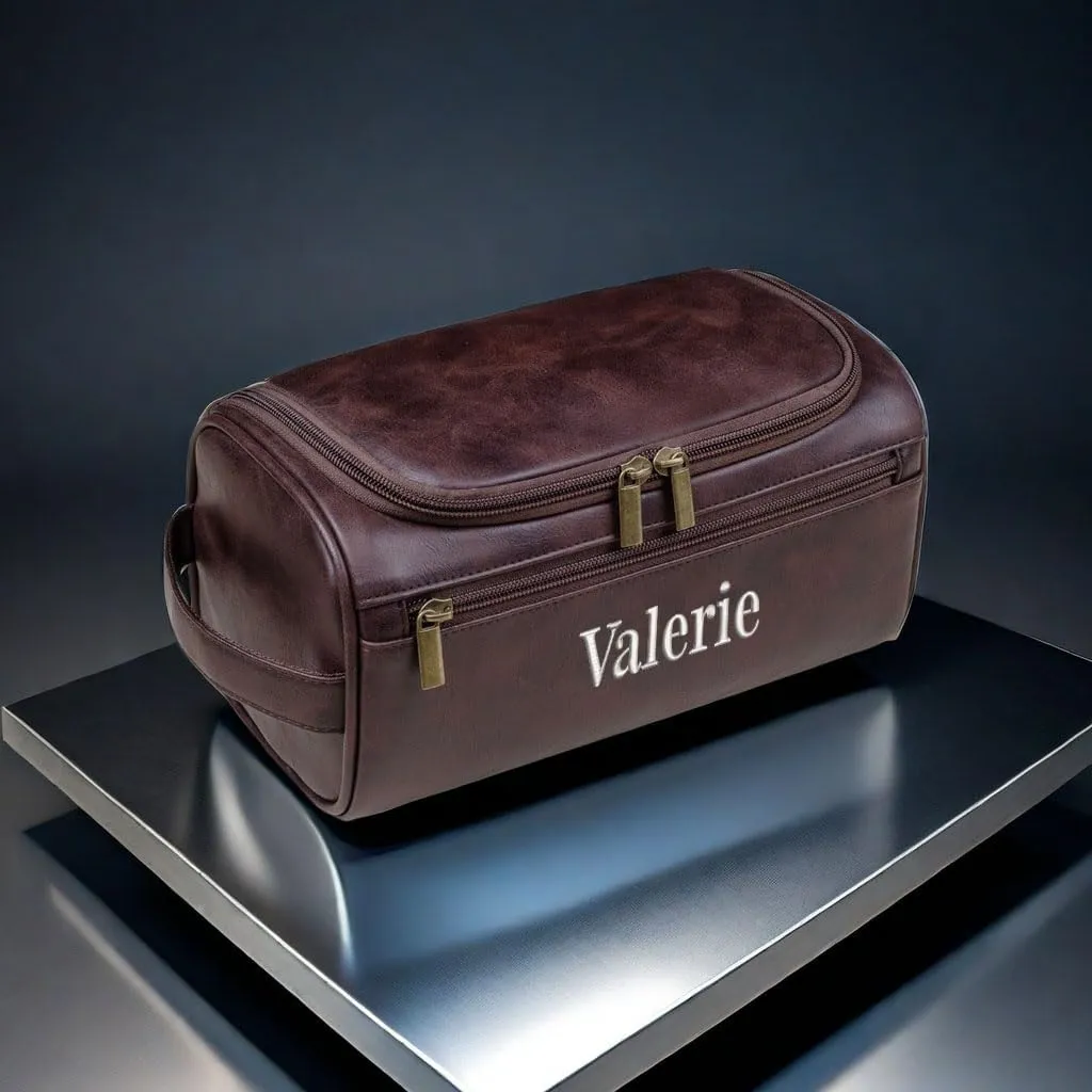 Personalized Embroidery PU Leather Travel Toiletry Bag for Men,Stylish Travel Organizer for Travel, Wedding Gift,Customized Monogram Travel Shaving Dopp Kit for Groomsmen (Dark Brown)