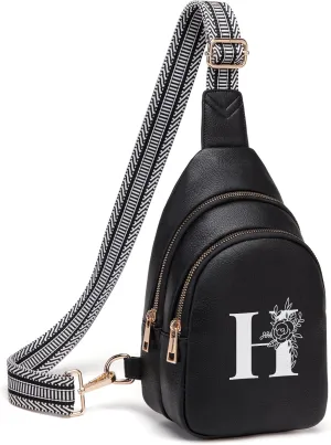 Personalized Gifts for Women Initial Sling Bag PU Leather Crossbody Bags for Women Fanny Pack Cross Body Chest Bag for Travel (Black-H)
