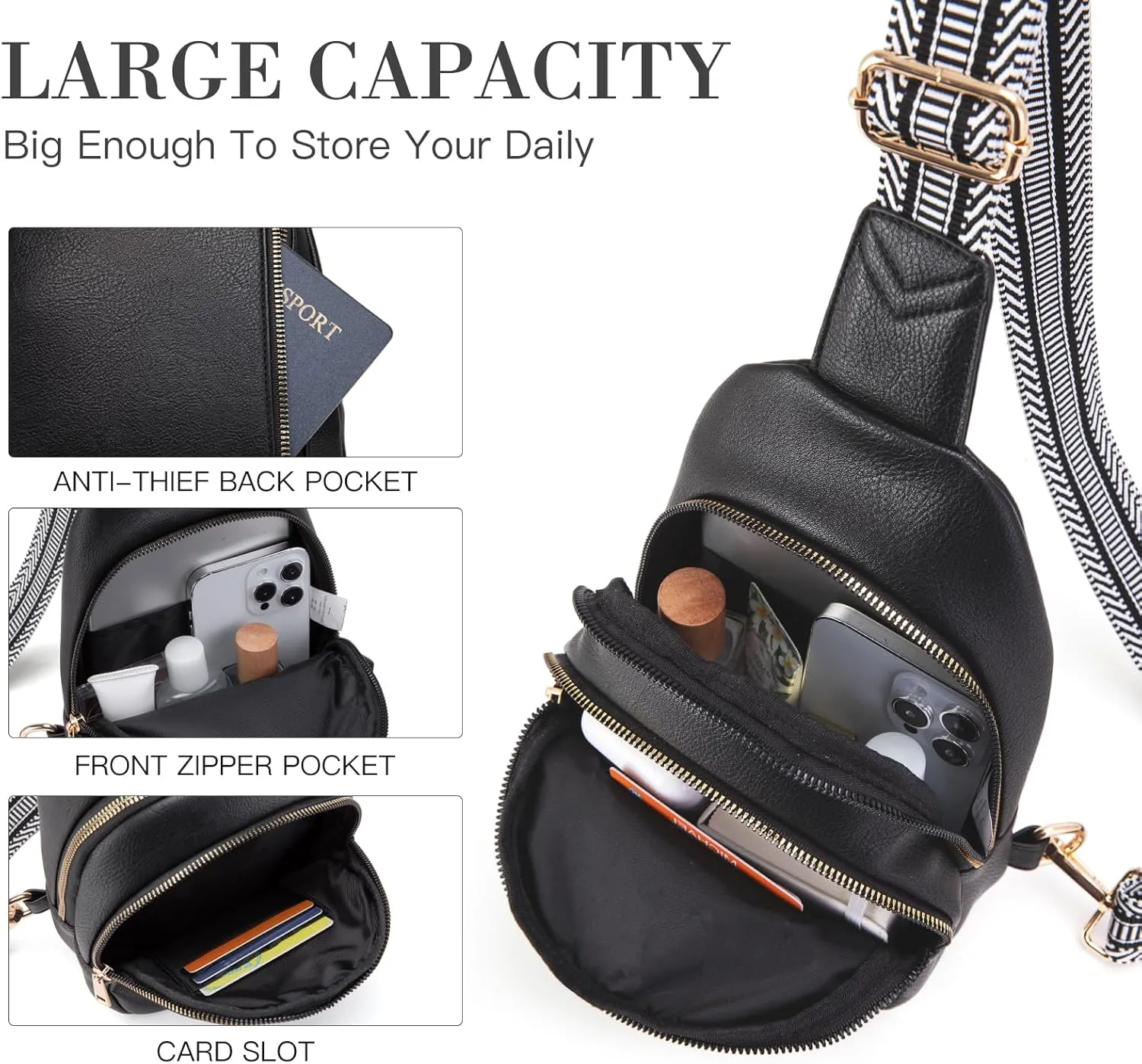 Personalized Gifts for Women Initial Sling Bag PU Leather Crossbody Bags for Women Fanny Pack Cross Body Chest Bag for Travel (Black-H)