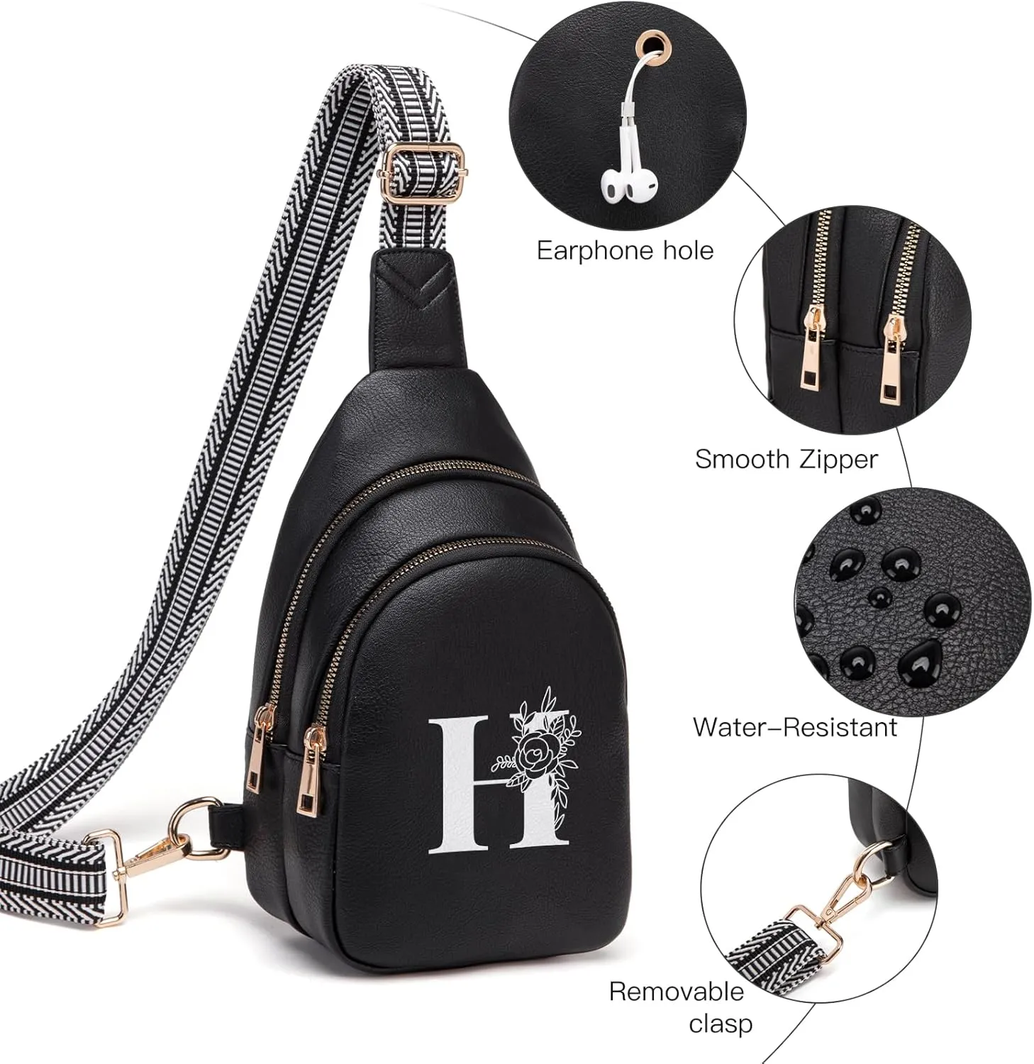 Personalized Gifts for Women Initial Sling Bag PU Leather Crossbody Bags for Women Fanny Pack Cross Body Chest Bag for Travel (Black-H)