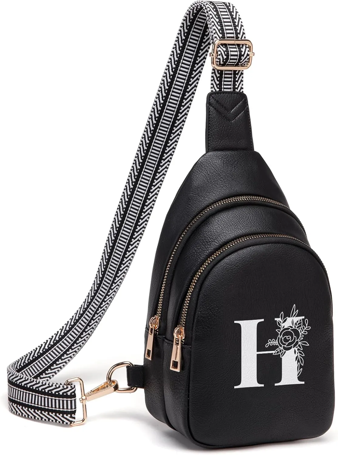 Personalized Gifts for Women Initial Sling Bag PU Leather Crossbody Bags for Women Fanny Pack Cross Body Chest Bag for Travel (Black-H)