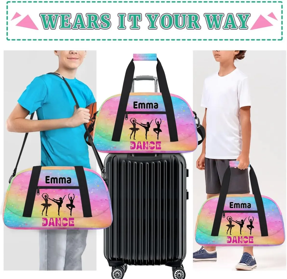 Personalized Girls Dance Gym Duffel, Custom Sport Ballet Bag - Large Compartment, Sleepover & Travel Bag, Watercolor Painted Pink, Yellow, Blue