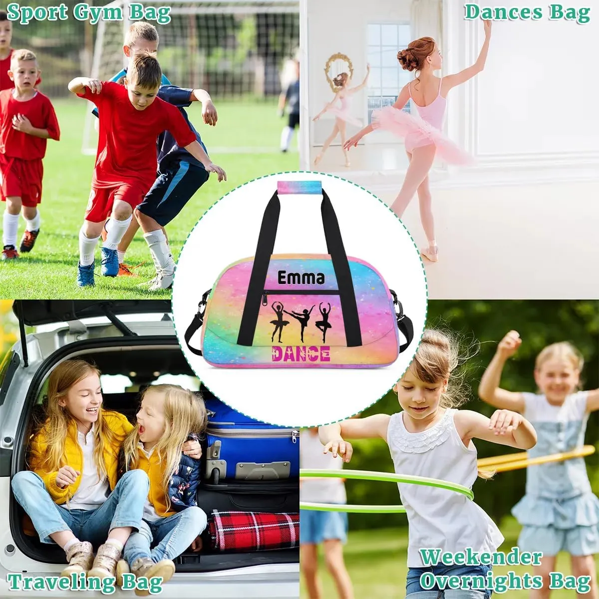 Personalized Girls Dance Gym Duffel, Custom Sport Ballet Bag - Large Compartment, Sleepover & Travel Bag, Watercolor Painted Pink, Yellow, Blue