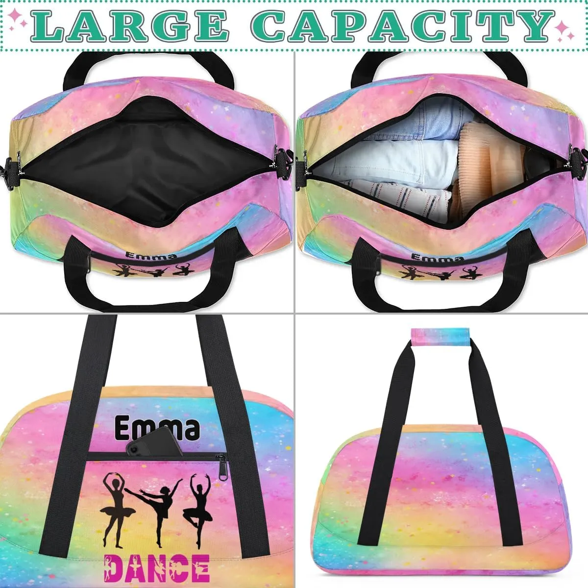 Personalized Girls Dance Gym Duffel, Custom Sport Ballet Bag - Large Compartment, Sleepover & Travel Bag, Watercolor Painted Pink, Yellow, Blue