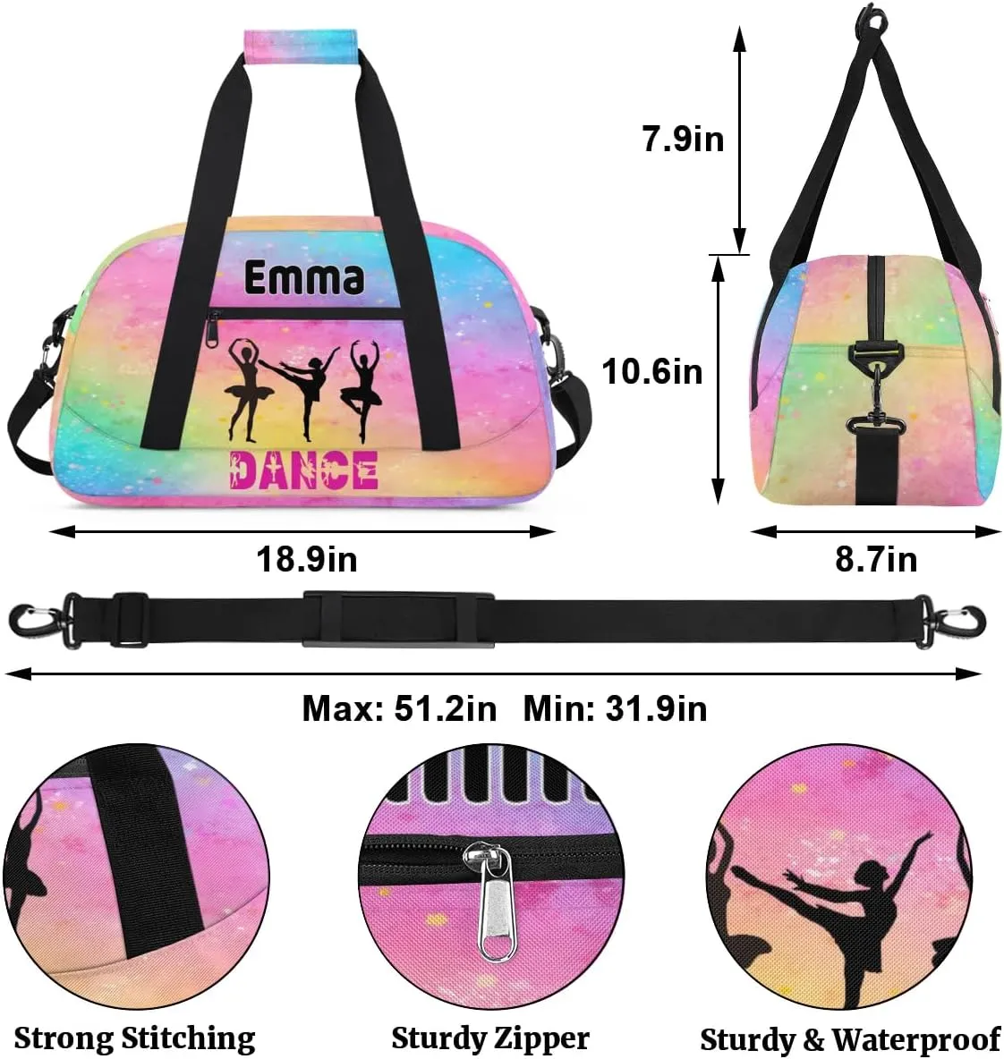 Personalized Girls Dance Gym Duffel, Custom Sport Ballet Bag - Large Compartment, Sleepover & Travel Bag, Watercolor Painted Pink, Yellow, Blue