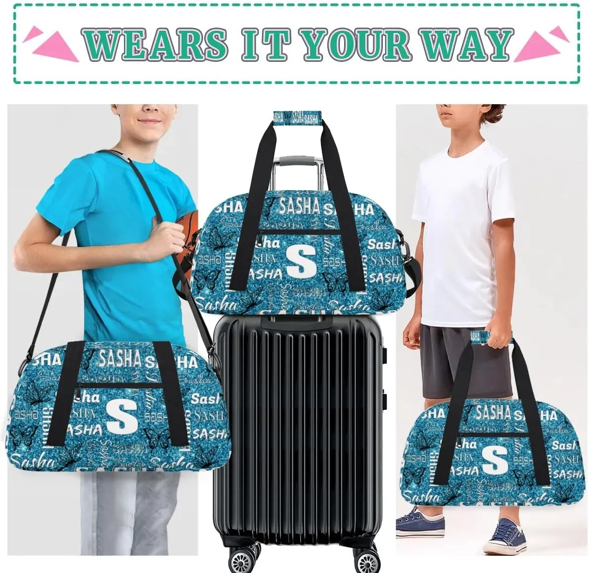 Personalized Initials Duffel Bags for Women, Custom Sport Duffel Bag with Name, Butterfly Print Overnight Carry-On Bag Weekender Bags, Teal Glitter Custom Gifts