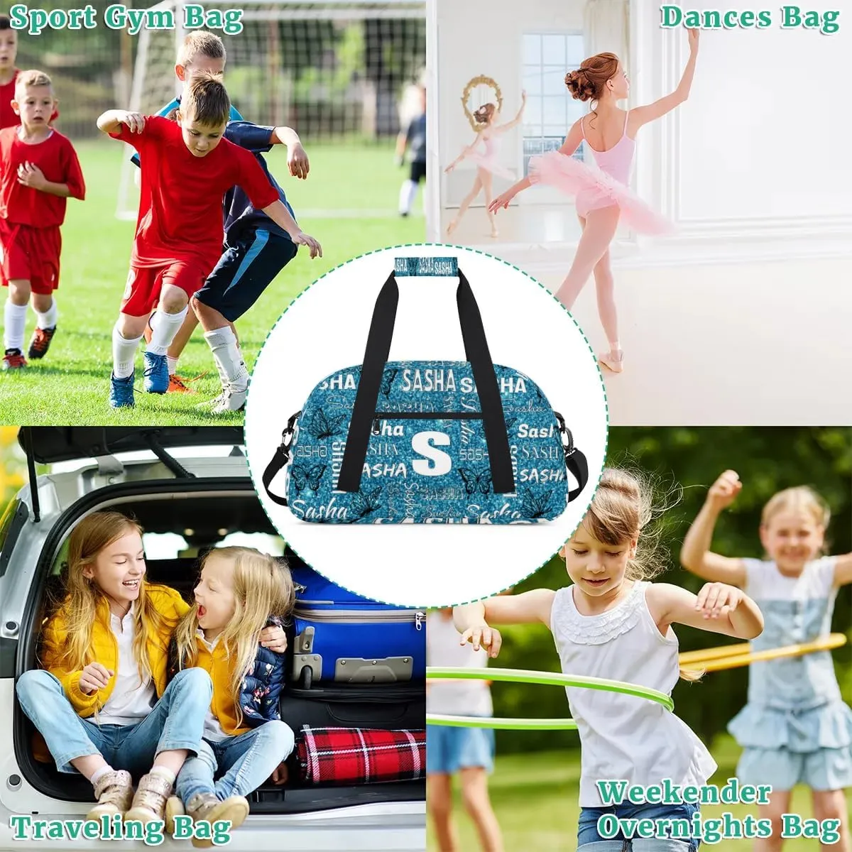 Personalized Initials Duffel Bags for Women, Custom Sport Duffel Bag with Name, Butterfly Print Overnight Carry-On Bag Weekender Bags, Teal Glitter Custom Gifts