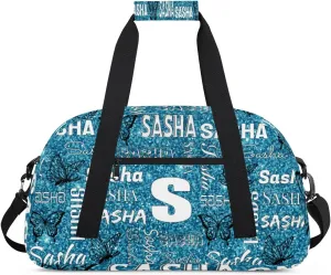 Personalized Initials Duffel Bags for Women, Custom Sport Duffel Bag with Name, Butterfly Print Overnight Carry-On Bag Weekender Bags, Teal Glitter Custom Gifts