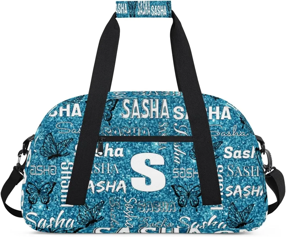 Personalized Initials Duffel Bags for Women, Custom Sport Duffel Bag with Name, Butterfly Print Overnight Carry-On Bag Weekender Bags, Teal Glitter Custom Gifts