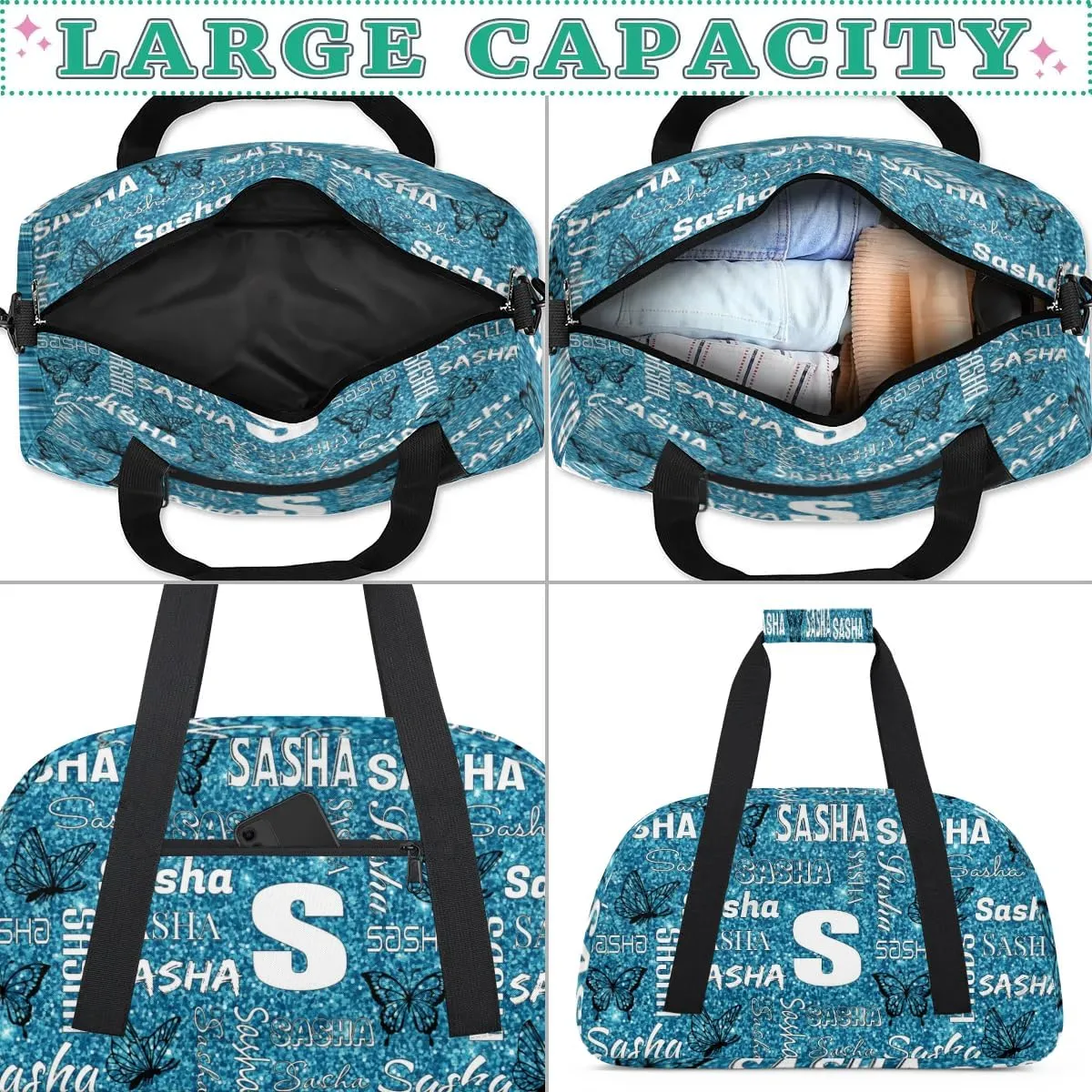 Personalized Initials Duffel Bags for Women, Custom Sport Duffel Bag with Name, Butterfly Print Overnight Carry-On Bag Weekender Bags, Teal Glitter Custom Gifts