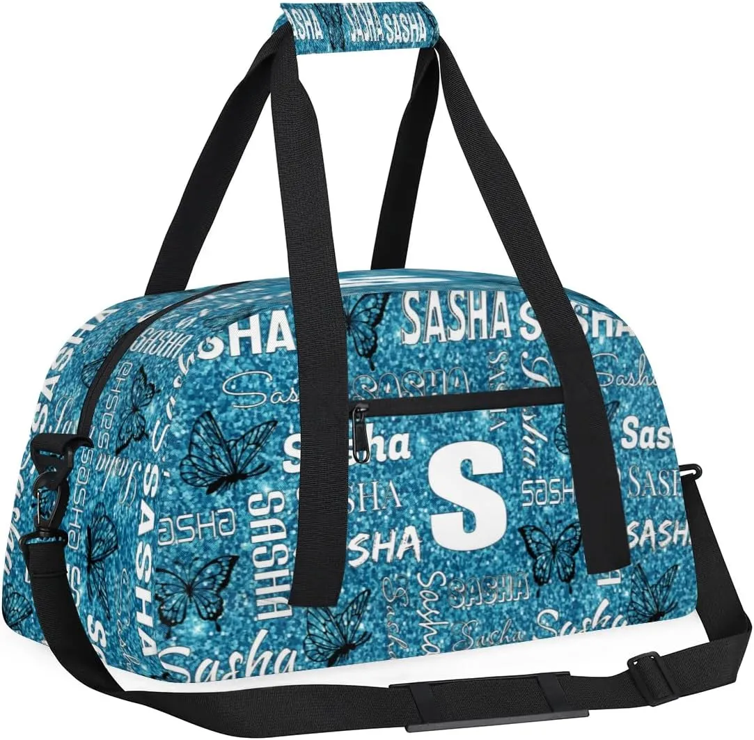 Personalized Initials Duffel Bags for Women, Custom Sport Duffel Bag with Name, Butterfly Print Overnight Carry-On Bag Weekender Bags, Teal Glitter Custom Gifts