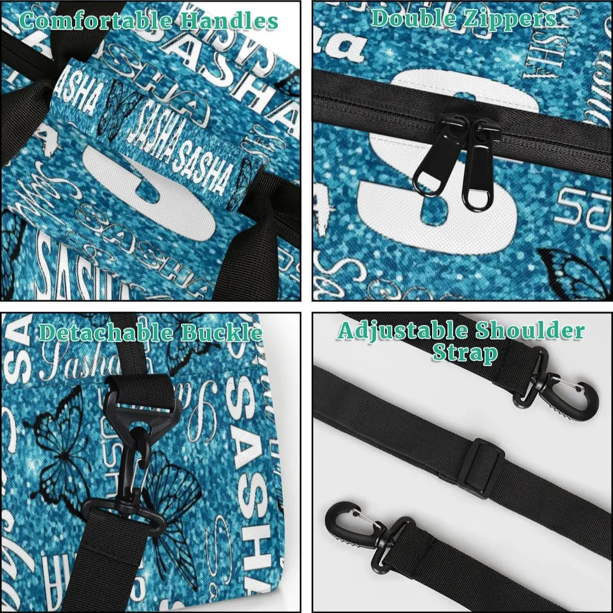 Personalized Initials Duffel Bags for Women, Custom Sport Duffel Bag with Name, Butterfly Print Overnight Carry-On Bag Weekender Bags, Teal Glitter Custom Gifts