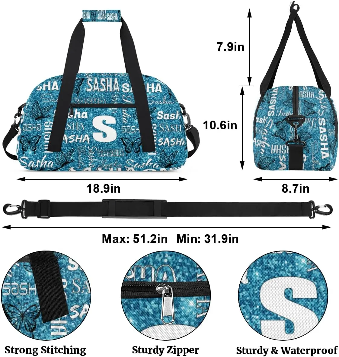Personalized Initials Duffel Bags for Women, Custom Sport Duffel Bag with Name, Butterfly Print Overnight Carry-On Bag Weekender Bags, Teal Glitter Custom Gifts