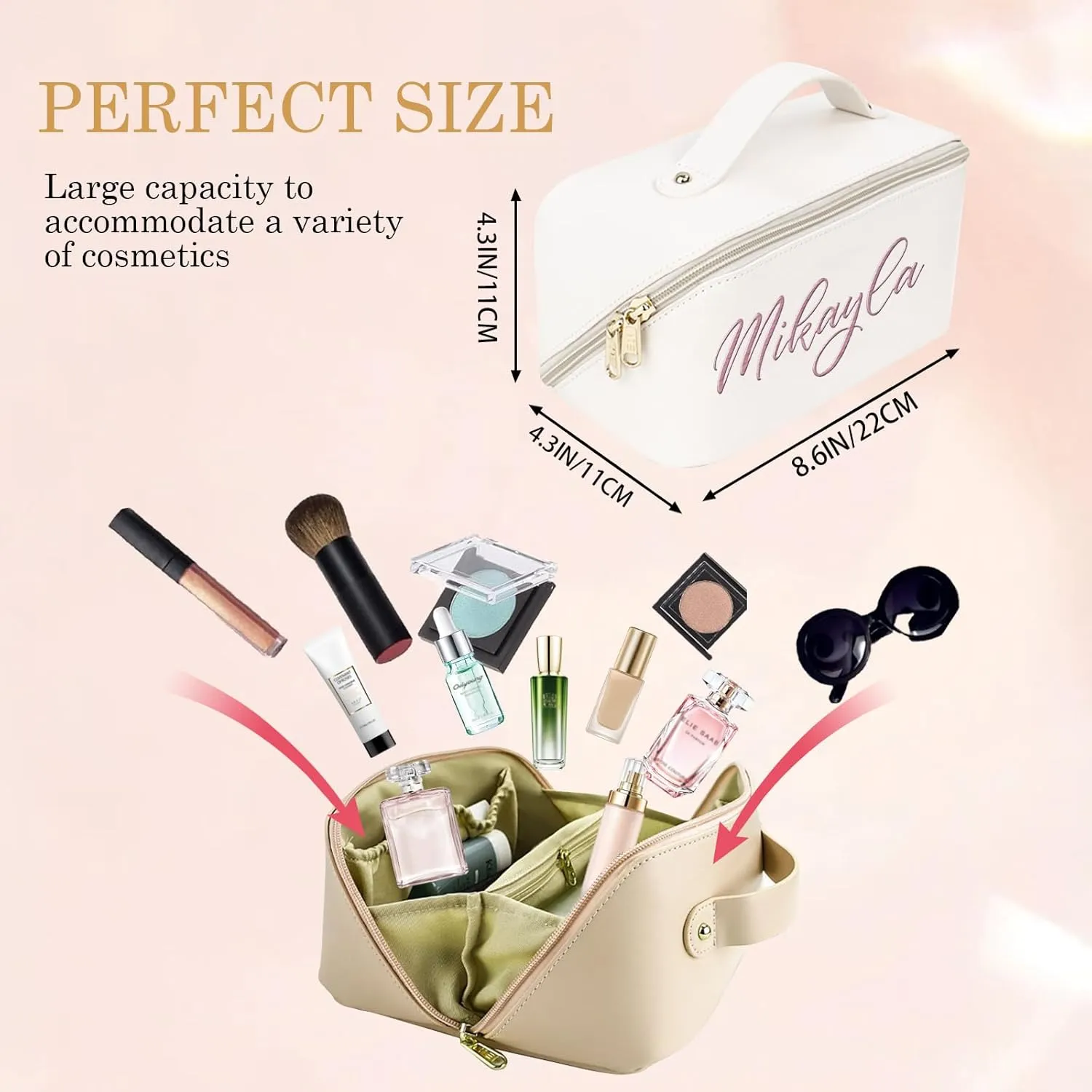 Personalized Large Capacity Cosmetic Bag, Embroidered Makeup Bag with Name, Portable Waterproof PU Leather Makeup Bag, with Divider and Handle, Travel Makeup Bag, Gifts for Women, Mom, Bridesmaids (Embroidery)