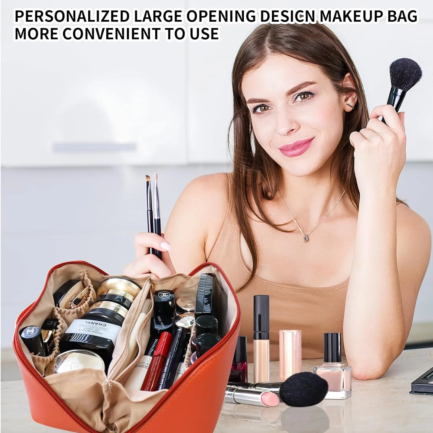 Personalized Large Capacity Cosmetic Bag, Embroidered Makeup Bag with Name, Portable Waterproof PU Leather Makeup Bag, with Divider and Handle, Travel Makeup Bag, Gifts for Women, Mom, Bridesmaids (Embroidery)