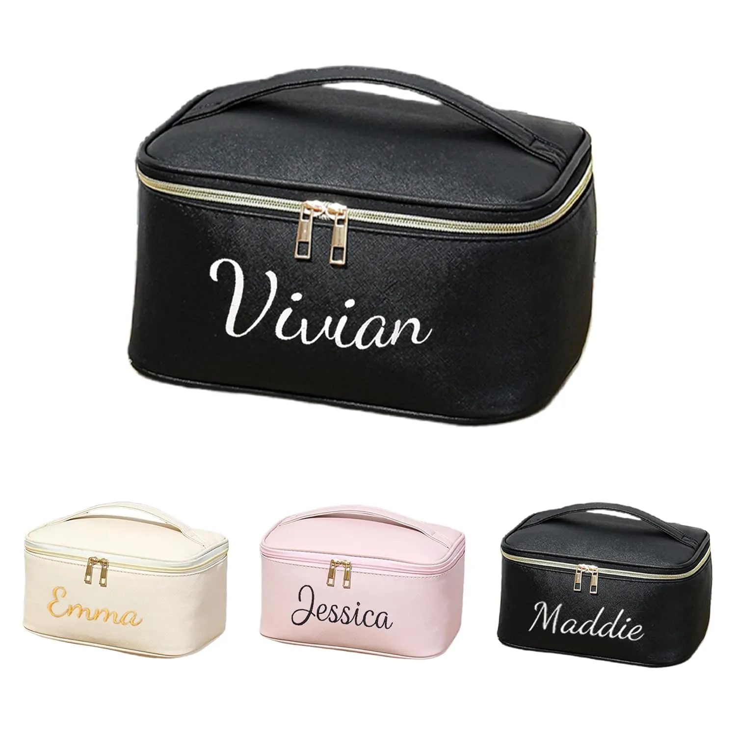 Personalized Large Capacity Makeup Bag with Embroidered Name Custom PU Leather Cosmetic Bag for Women, Waterproof, Makeup Organizer, Travel Toiletry Bag, Bridesmaid Gifts, Gift for Mom, Birthday Gift