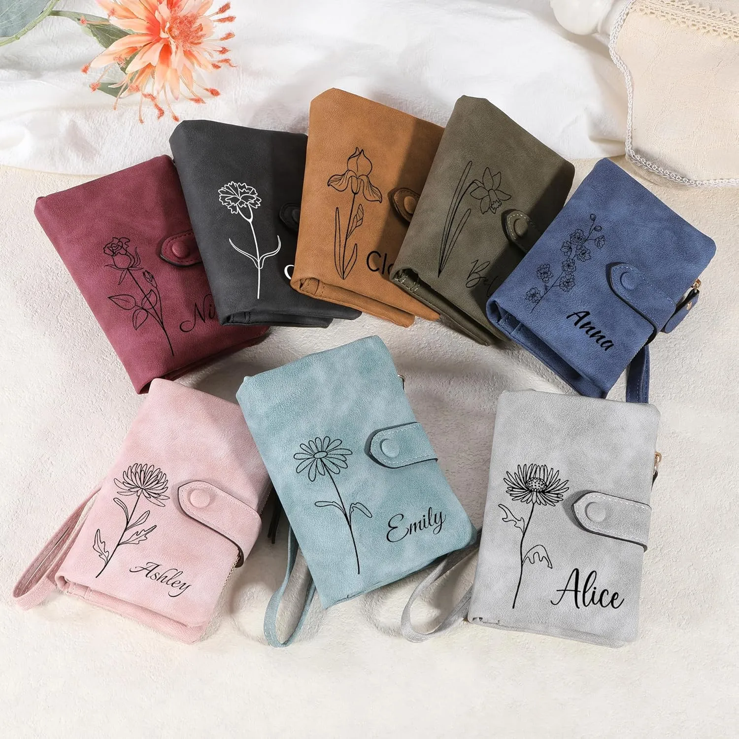 Personalized Leather Wallets for Women with Zipper Coin Purse, Wrist Strap, Small Ladies Wallet with Name Birth Flower for Girlfriend Wife Mother's Day - Pink